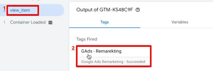 Checking the Tag information for view item event in Google Tag Assistant for dynamic remarketing