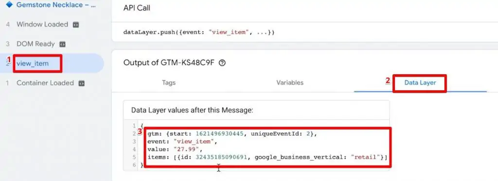 Checking the data layer information for view item event in Google Tag Manager for dynamic remarketing