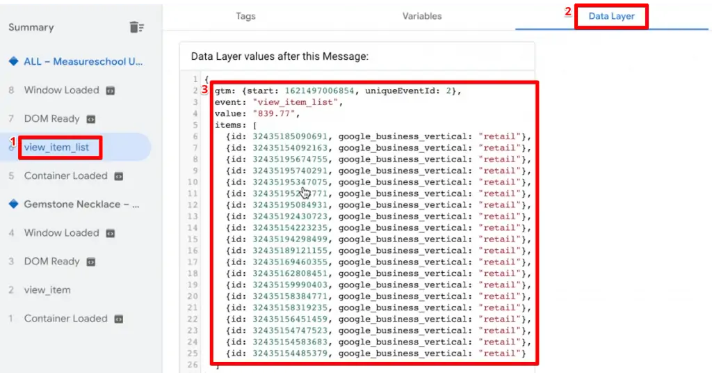 Checking the data layer information for view item list event with multiple products  in Google Tag Manager 