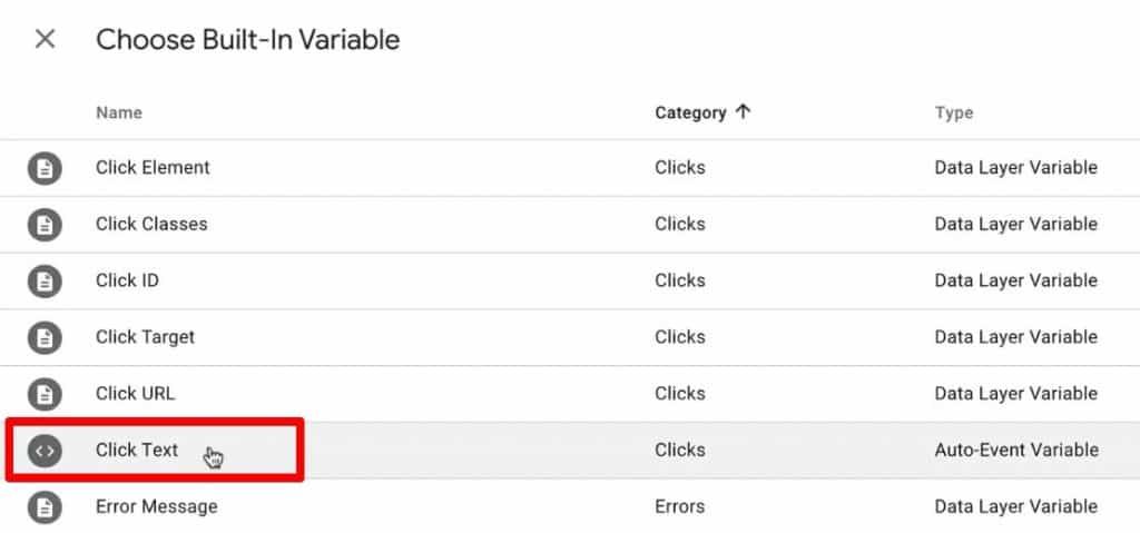 Creating a new Built-In variable of Click Text type in Google Tag Manager