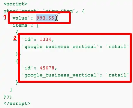 Data layer code shows information about the value and id of the product 