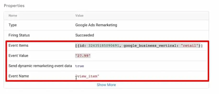 Event data for view item event in Google Tag Assistant for dynamic remarketing