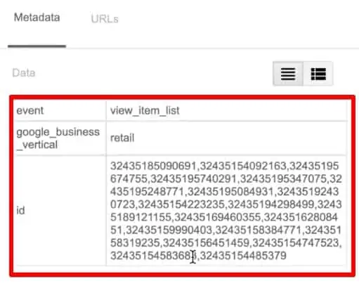 Event data of the view item list event in Google Tag Assistant Legacy