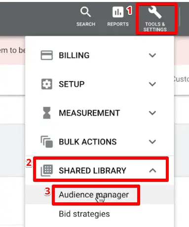 Opening the Audience manager in Google Ads account 