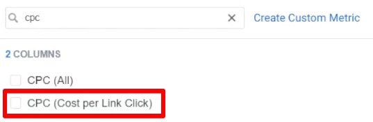 Adicionando a métrica de custo por clique no link para criar uma exibição personalizada no Facebook Business Manager
