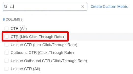 Adicionando a métrica de taxa de cliques de link para analisar resultados de anúncios no Facebook Business Manager