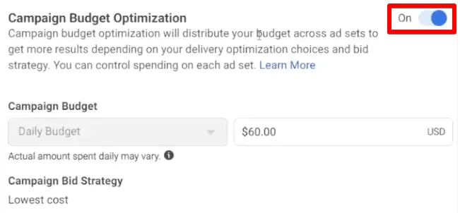 Checking the budget optimization strategy of a Facebook campaign in Facebook Business Manager
