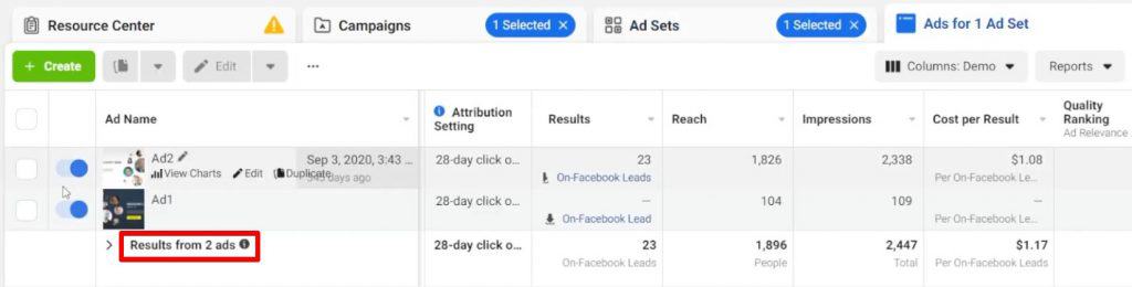 Verificando o número de anúncios presentes em um conjunto de anúncios do Facebook no Facebook Business Manager