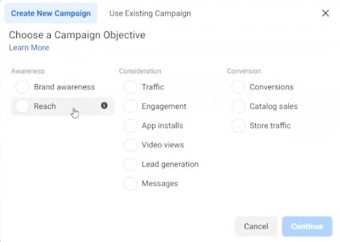 Escolhendo um objetivo de campanha no Gerenciador de anúncios do Facebook