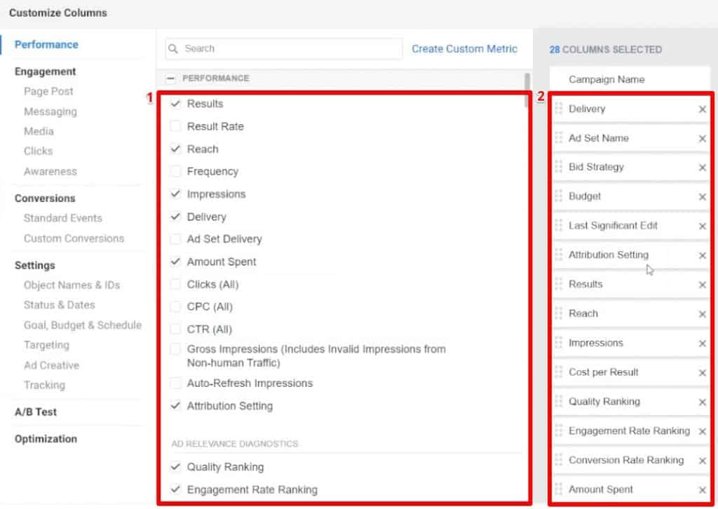 Personalizando a visualização personalizada dos resultados do anúncio selecionando métricas no Facebook Ad Manager