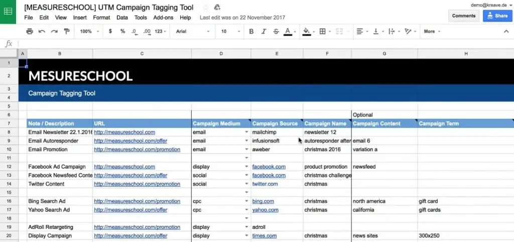 Measureschool Sheet for UTM Campaign Tracking Tool