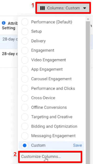 Selecionando a opção de personalizar colunas para configurar colunas nas métricas do Facebook Business Manager para análise de anúncios do Facebook