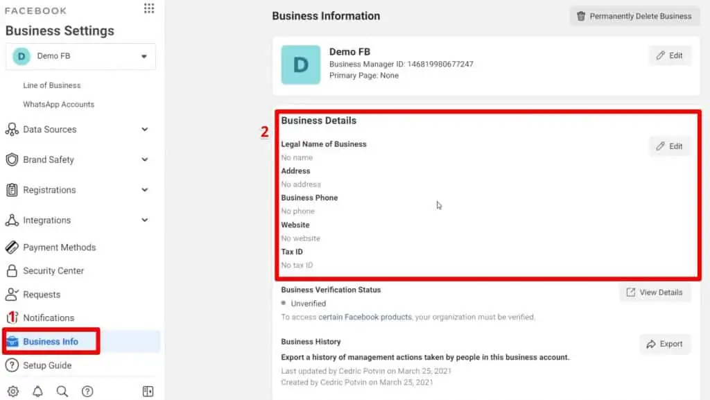 Setting up Business Information on a Business Manager account