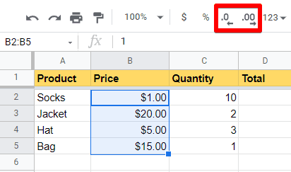 Buttons for decreasing and increasing the decimal places for the selected values