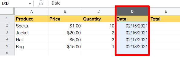 Click and drag to rearrange the Date and Total columns