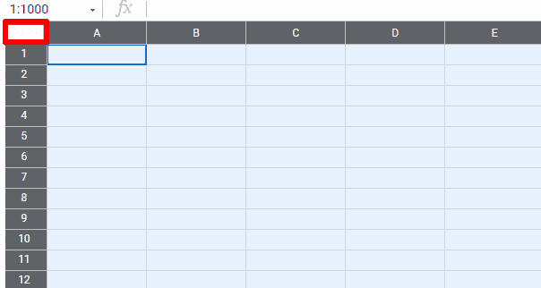Click the empty cell in the top left corner of the spreadsheet to select the cells in the whole sheet