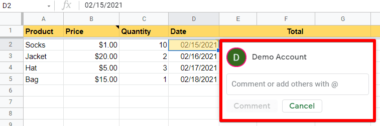 Commenting in Google Sheets