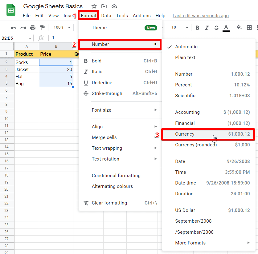 Format values from the selected cells to Currency