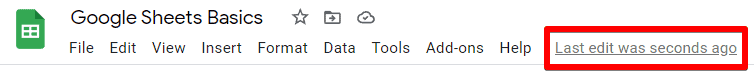 Google Sheets autosaves changes, message indicates that last edit was saved seconds ago