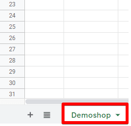 Individual sheet named Demoshop in Google Sheets