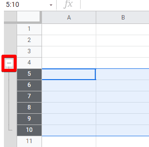 Minus button minimizes grouped rows in Google Sheets