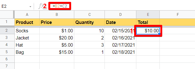 Multiply cells B2 and C2 in cell E2