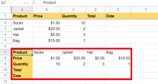 Paste data using Paste transposed option in Google Sheets