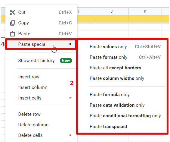 Paste special options in Google Sheets