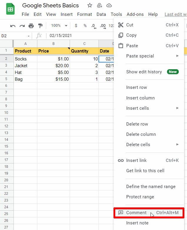 Right-Click a cell and select Comment to input a comment in the selected cell