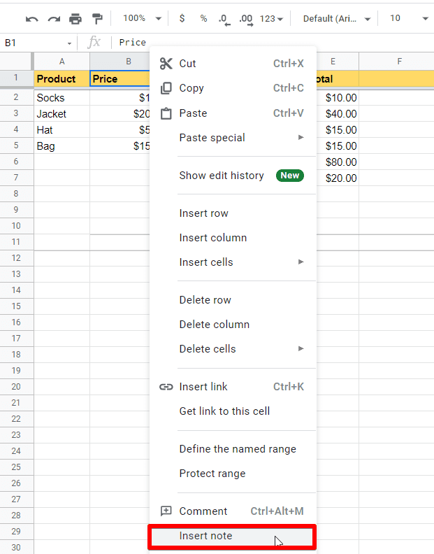 Right-click a cell and select Insert note to input a note in the selected cell