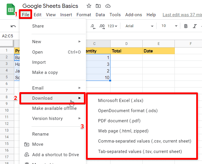 How to download a Google Sheets file