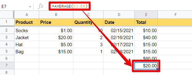 Use AVERAGE function in cell E7 for cells E2 to E5