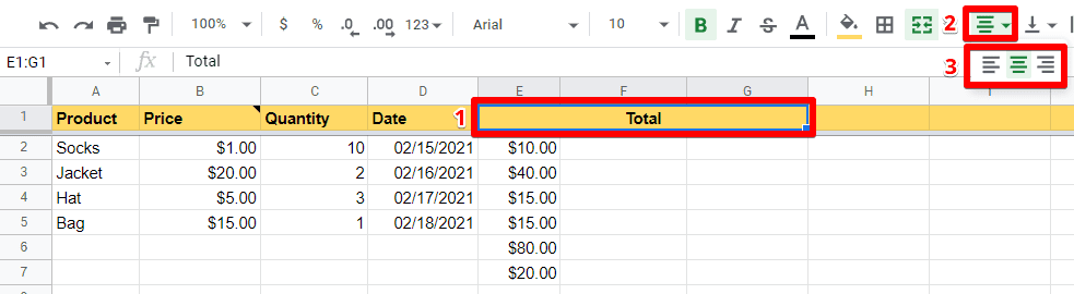 Using Horizontal align to center to value inside of the selected cell