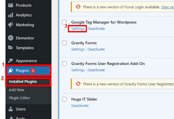 Accessing the GTM settings from the installed plugins section of the WordPress admin channel