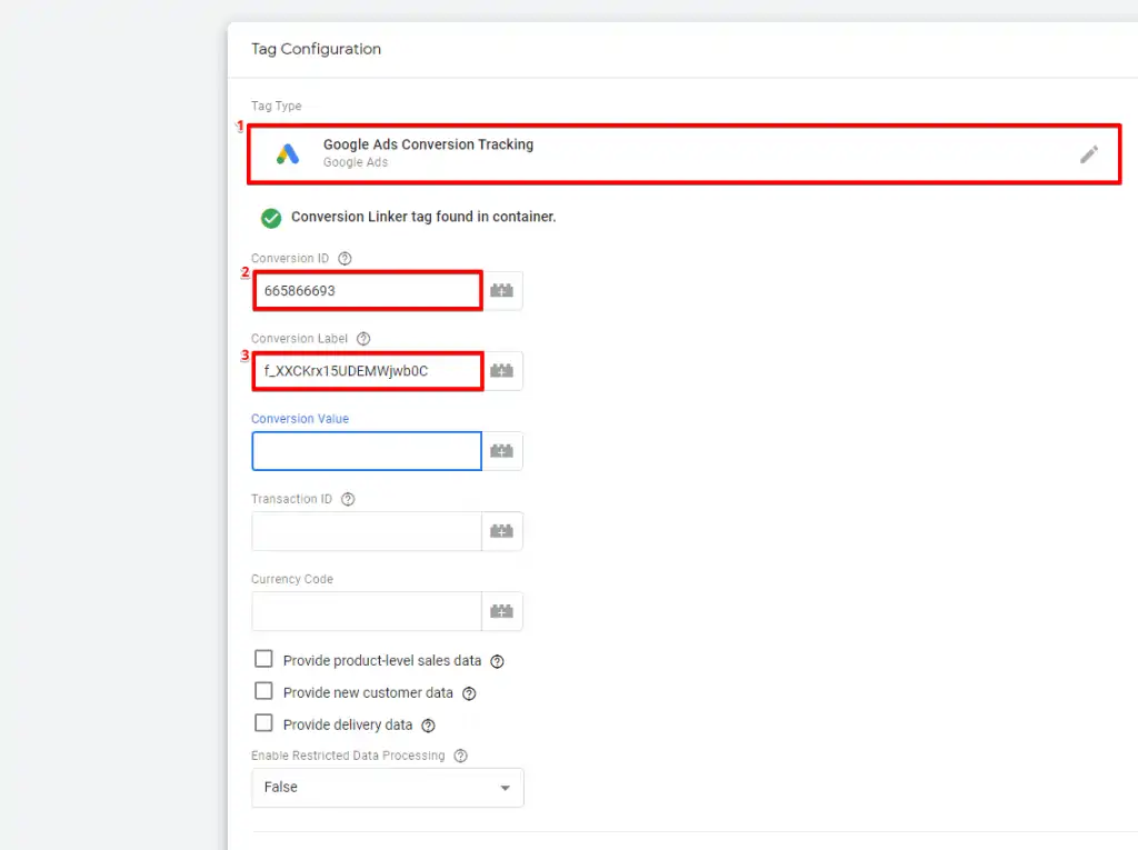 Configuring the conversion ID and the conversion label into a Google Ads conversion tracking Tag