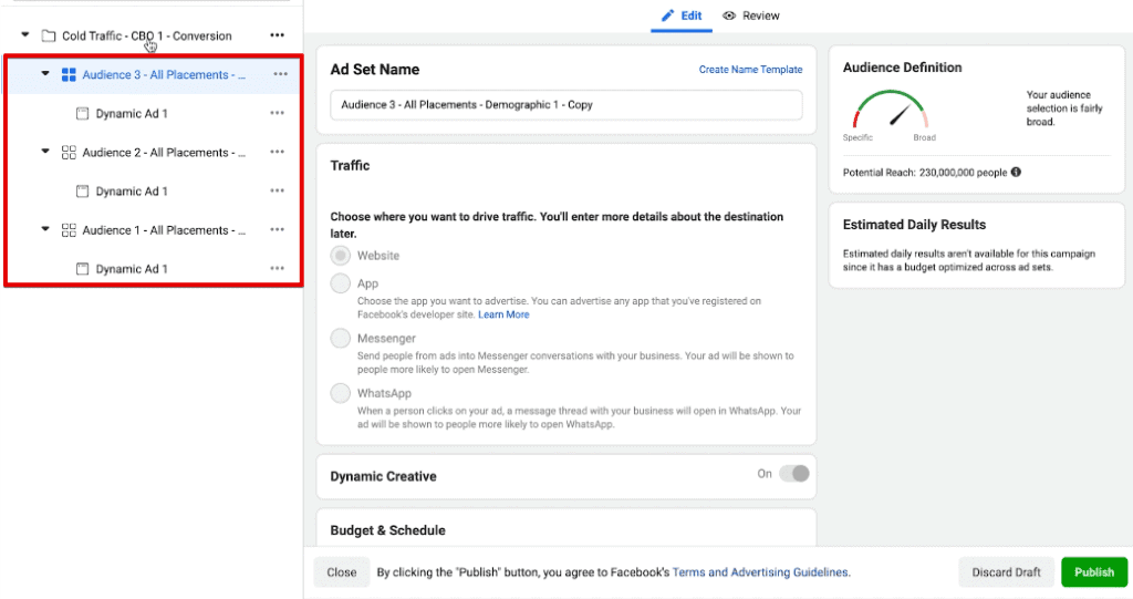 Acessando os conjuntos de público e anúncios dinâmicos em uma campanha automatizada no Facebook Ads Manager