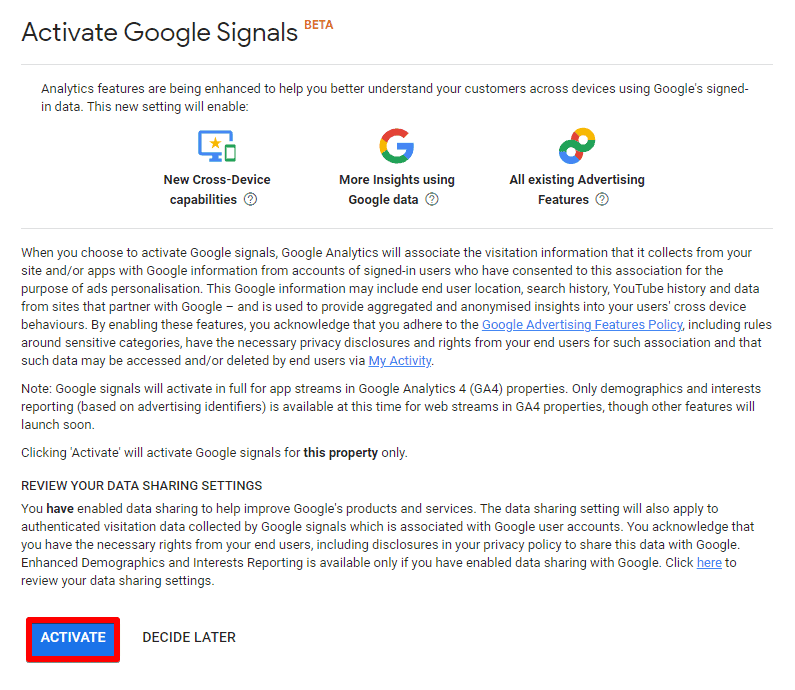 Activating your Google Signals