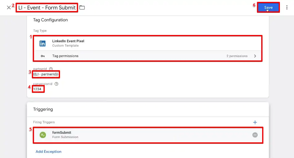 Configuring the LinkedIn event pixel custom Tag template for tracking audience movements by GTM