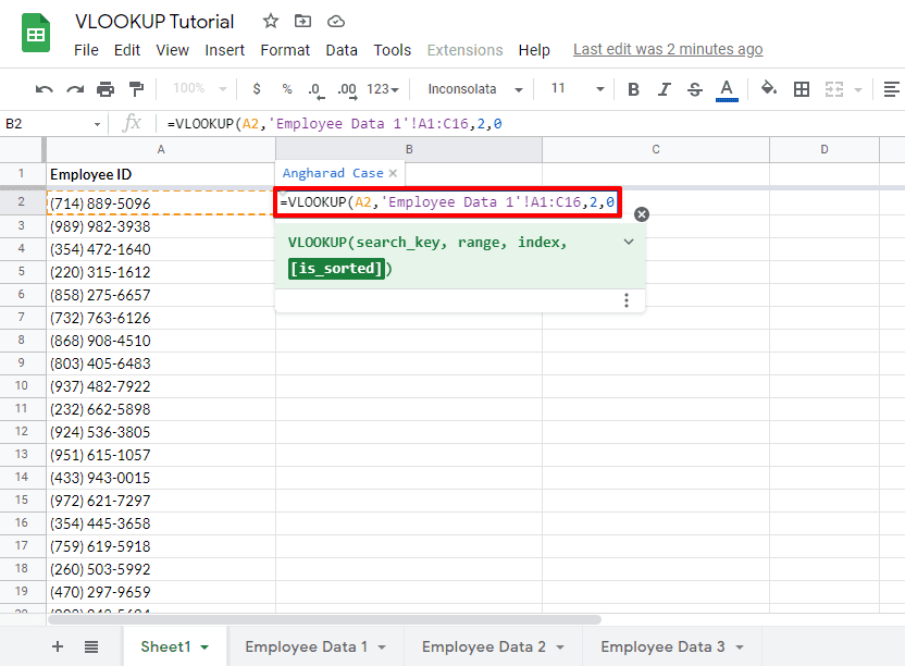 Configuring the VLookup function to access the data from a sub sheet of a Google Spreadsheet