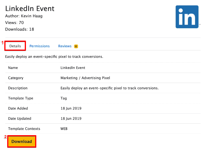 Downloading the LinkedIn Event custom template for use on the GTM interface