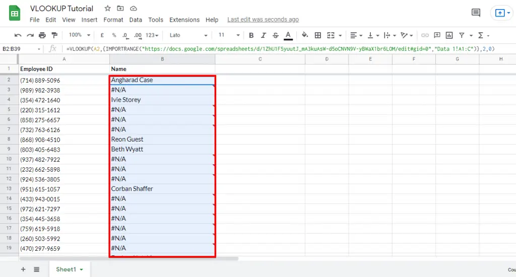 Implementing the VLookup function across the data set to access the data from a different spreadsheet