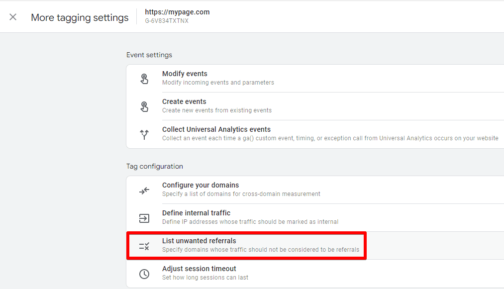 Listing unwanted referrals under Tag Configuration