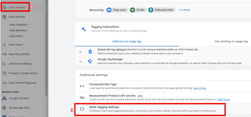 Navigating to More Tagging Settings in your data stream details