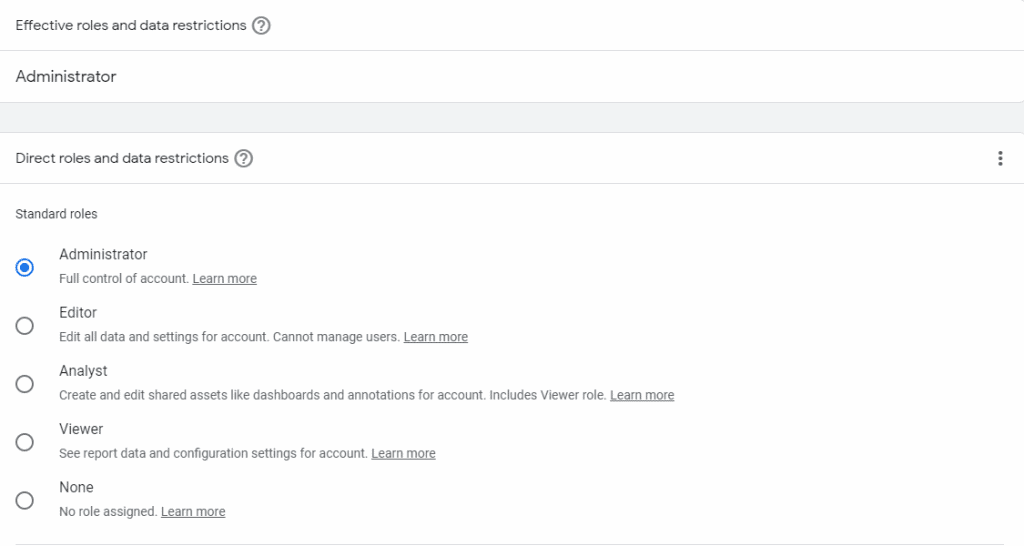 Overview of different roles in GA4 account settings