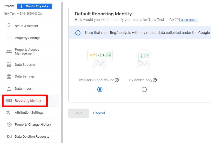 Overview of the Default Reporting Identity for your GA4 property