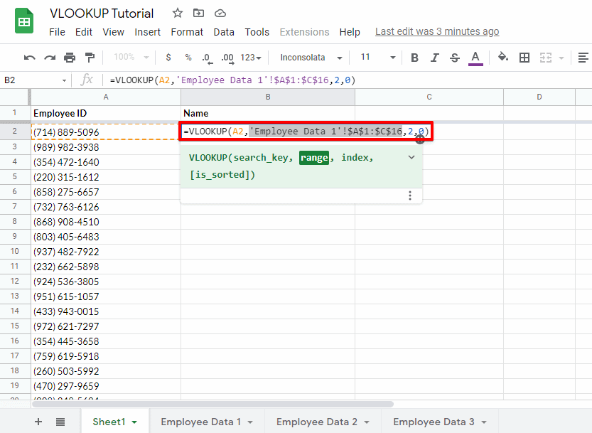 Setting an absolute range for the VLookup function to access the data from a sub sheet of a Google Spreadsheet
