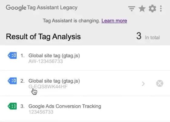 Accessing the configured codes to the website from the Google Tag Assistant legacy extension