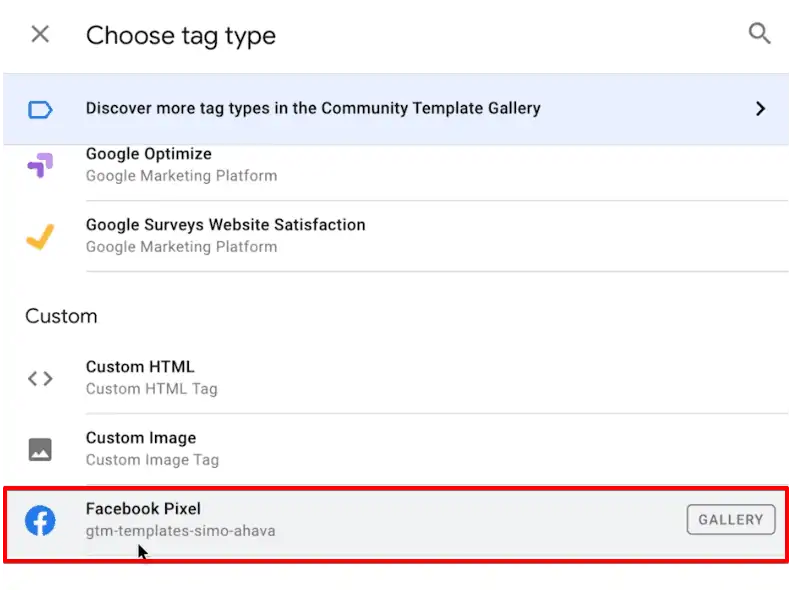 Choosing a Facebook Pixel type Tag configuration from Google Tag Manager