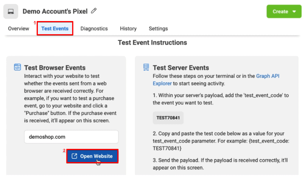 Entering the preview mode of the website from the test events section of the Facebook Business Manager account