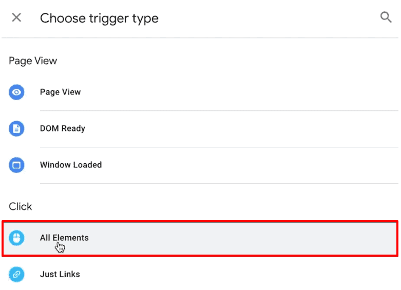 Selecting an all elements trigger to configure in the Google Tag Manager account